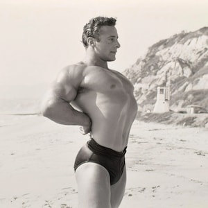Bruce Bellas of LA - Vintage Male Bodybuilder Physique Chest Pose on Beach 1960s - 17&quot; x 22&quot; Fine Art Print