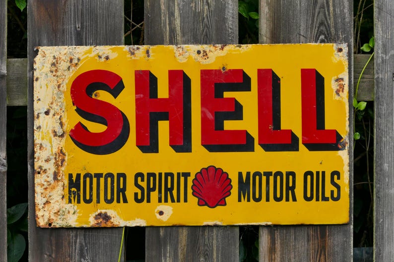 Engine Oil Lettering Vintage Shell Motor Oil Metal Sign on Fence Retro Design - Fine Art ...