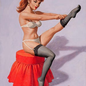 Arthur Sarnoff - Pin-Up Girl in Dessous beim Anziehen der Strümpfe 1960s - 17 &quot;x 22&quot; Fine Art Print