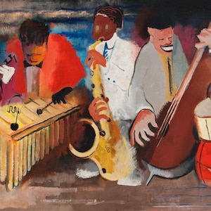 May include: An abstract painting depicting a jazz band. The musicians are playing instruments such as a cello, saxophone, drums, and xylophone. The colour palette features reds, blues, yellows, and browns. The artwork has a vintage aesthetic.