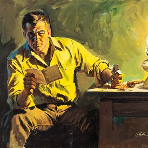 Arthur Sarnoff - Hombre leyendo una nota a la luz de una vela (1954) Tubo de lámpara de queroseno - Impresión artística de 43 x 56 cm