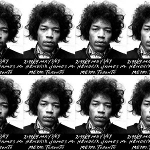 May include: A black and white mugshot of Jimi Hendrix with the text "2199/69 MAY 3/69 HENDRIX JAMES M. METRO. TORONTO" repeated across the bottom of the image.