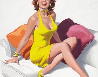 Arthur Sarnoff - vintage roodharig pin-upmeisje in gele jurk met voeten op bank retro jaren 60 - 17" x 22" Fine Art Print