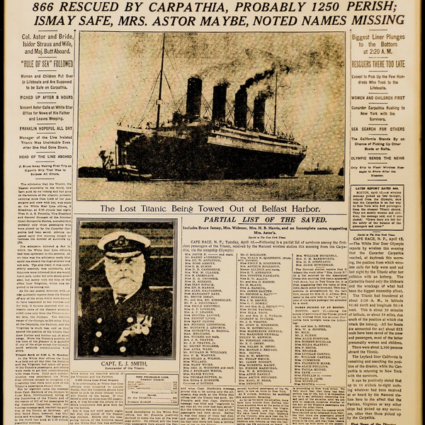 RMS Titanic coule le titre de la première page du journal New York Times (1912) - 17" x 22" Fine Art Print