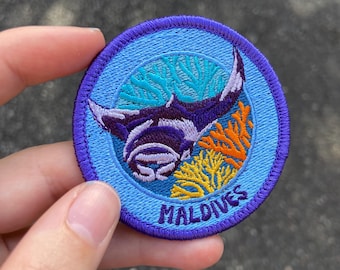 Parche de buceo de Maldivas: diseño colorido de manta raya, parche de viaje termoadhesivo coleccionable
