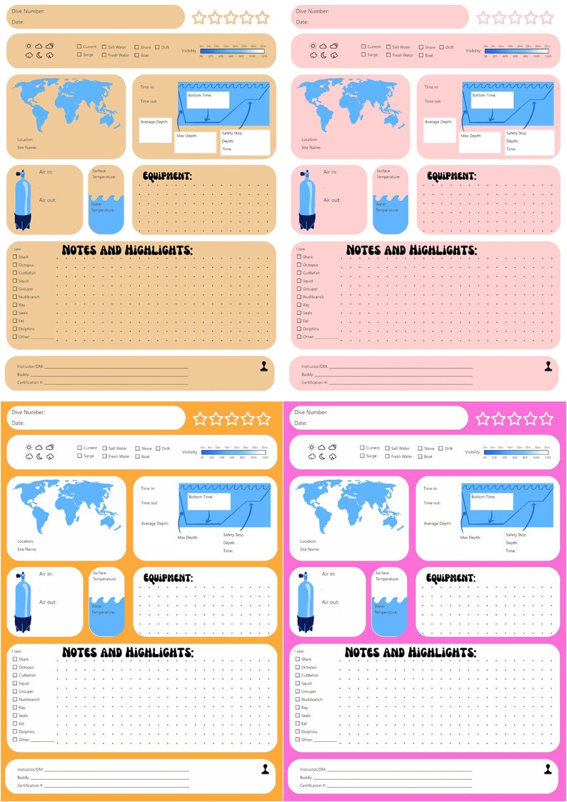 Printable Diving Log Sheet Diving Logbook Instant Download Etsy