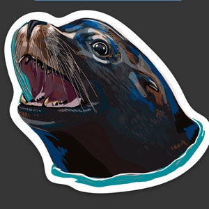 May include: A close-up of a sea lion's head with its mouth open, showing its teeth. The sea lion is brown and black with blue and green markings. The sea lion is in the water, with a turquoise blue line representing the water.