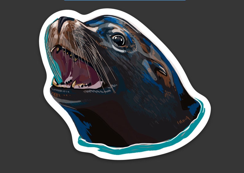 May include: A close-up of a sea lion's head with its mouth open, showing its teeth. The sea lion is brown and black with blue and green markings. The sea lion is in the water, with a turquoise blue line representing the water.