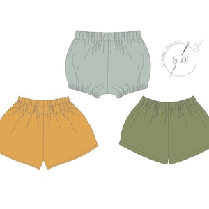 Set of PDF Sewing Patterns for baby Bloomers, baby Shorts and baby Ruffled Shorts for Girls and Boys. Sizes from 1 month to 3 years.