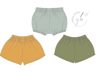 Ensemble de patrons de couture PDF pour bloomer bébé, short bébé et short bébé à volants pour filles et garçons. Tailles de 1 mois à 3 ans.