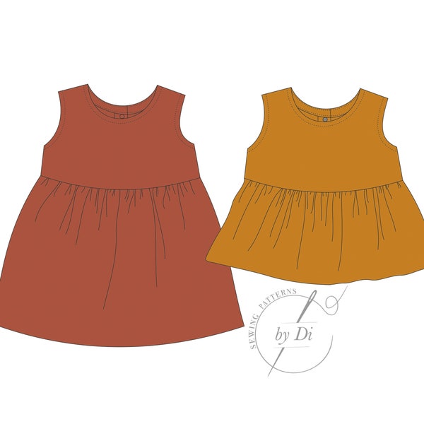 PDF Sewing Pattern for Jewel Neck Dress Sally and Loose Tunic Top Luna. Lovely Summer clothes for Girls in sizes from 1 month to 6 years
