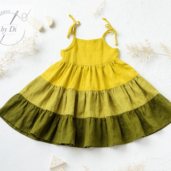 Boho dress PDF sewing pattern for 3-8 years girl. Long girl's dress with ruffles. Colorblock dress sewing pattern. Strap dress pattern.
