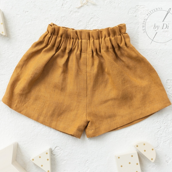 Sewing pattern for girls ruffled waist Shorts. Simple but fancy Shorts Luna for baby girl from newborn to 6 years.