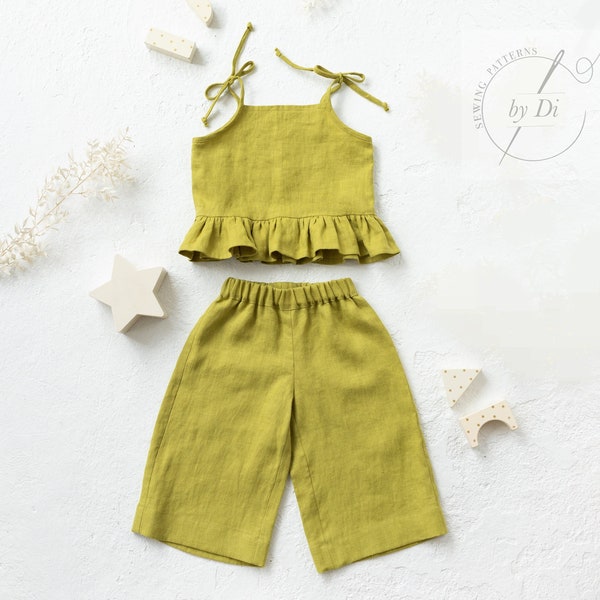 Conjunto de patrones de costura de top crop sin mangas con lazos y volantes y culottes cropped para niños de 2 a 6 años.