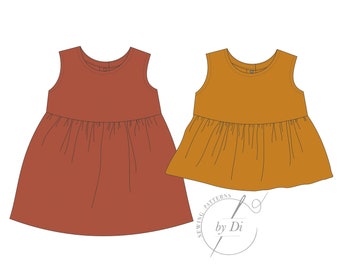 Patron PDF pour la robe à col bijou Sally et le haut tunique ample Luna. Beaux vêtements d'été pour filles de 1 mois à 6 ans