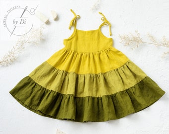 Boho dress PDF sewing pattern for 3-8 years girl. Long girl's dress with ruffles. Colorblock dress sewing pattern. Strap dress pattern.