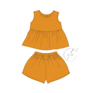 Peut inclure: Une tenue deux pièces pour enfant, composée d'un haut orange sans manches avec un ourlet à volants et d'un short orange assorti avec une taille élastique.