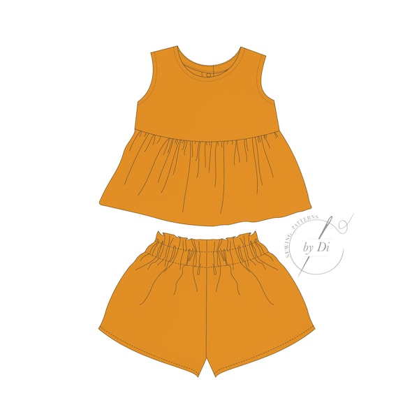 Set of Sewing patterns for sleeveless tunic top with ruffles and shorts for kids from newborn to 6 years.