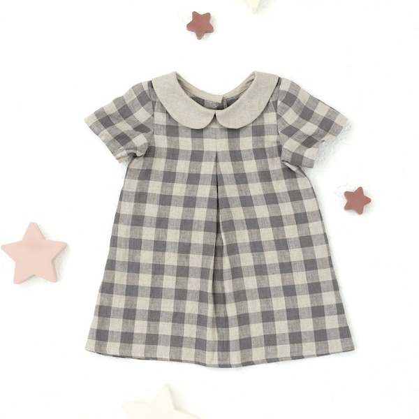 PDF Sewing Pattern for Peter Pan collar Dress Lucky. Short sleeves dress with a front pleat for the Girls in sizes from 1 month to 6 years
