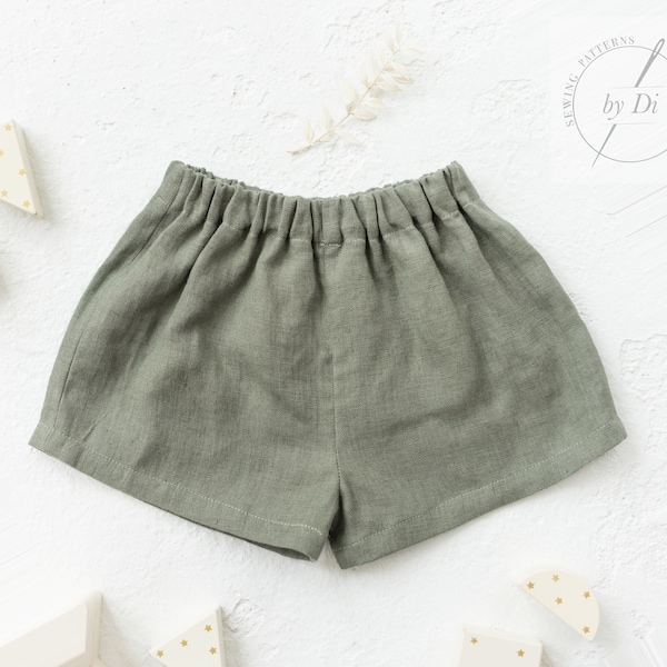 Naaipatroon van korte broeken voor kinderen. Eenvoudig te maken babyshorts. Mini Shorts Mia voor jongen of meisje van 1 maand tot 3 jaar.