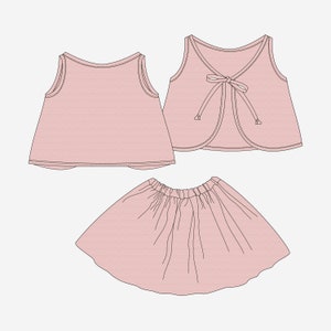 Set of PDF Sewing patterns GAJA for tie back top and gathered skirt for girl from 2 to 7 years. Easy sewing project.
