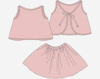 Ensemble de patrons PDF GAJA pour haut noué dans le dos et jupe froncée pour fille de 2 à 7 ans. Projet de couture facile.