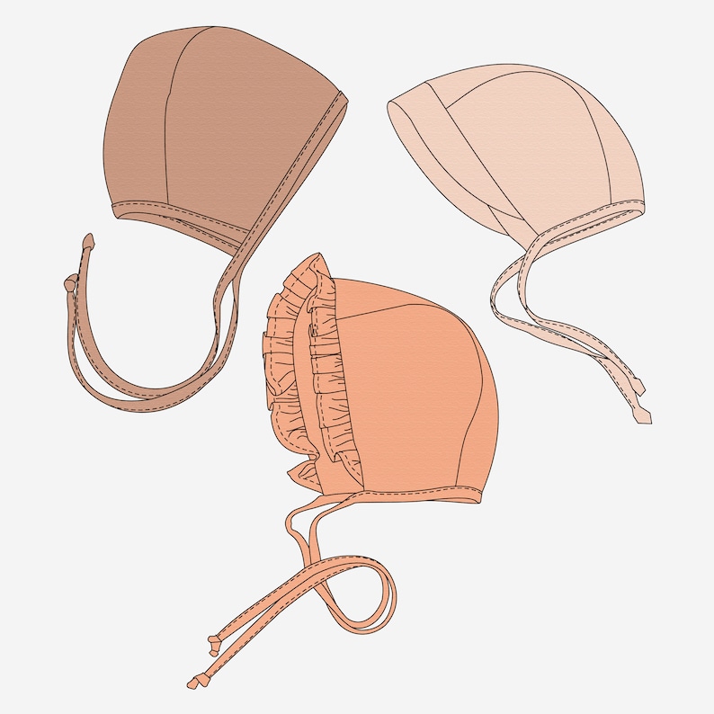 Mönster för babyhatt. Paket med 3. Babyhatt med volang. Babyhatt med brätte. Storlekar 0-24 månader. bild 1