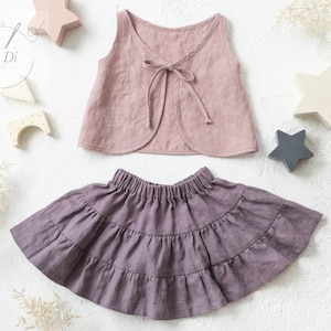 Set of PDF Sewing patterns for tie back top GAJA and tiered skirt MAJA for girl from 2 to 7 years. Easy sewing project.