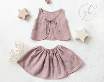 Set of PDF Sewing patterns GAJA for tie back top and gathered skirt for girl from 2 to 7 years. Easy sewing project.