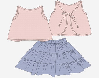 Set of PDF Sewing patterns for tie back top GAJA and tiered skirt MAJA for girl from 2 to 7 years. Easy sewing project.