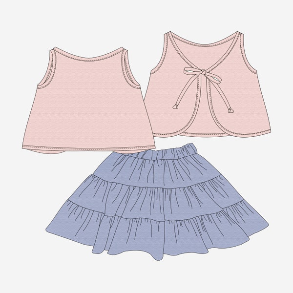 Set of PDF Sewing patterns for tie back top GAJA and tiered skirt MAJA for girl from 2 to 7 years. Easy sewing project.