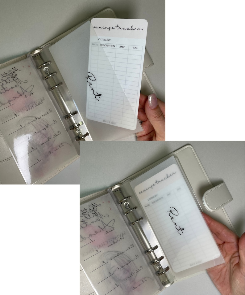 Op de afbeelding: Een witte plastic spaar-tracker met een transparante plastic hoes. De tracker heeft kolommen voor datum, beschrijving, bedrag en saldo. Het woord "Huur" is in zwarte inkt op de hoes geschreven.