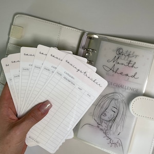 Op de afbeelding: Een witte map met een doorzichtig plastic zakje dat een spaar-trackerblad bevat met de tekst "One Month Ahead Savings Challenge". Het blad toont een lijntekening van een vrouw met bladeren in haar haar. De map bevat ook verschillende witte kaarten met de tekst "savings tracker" en kolommen voor datum, categorie, beschrijving, bedrag en saldo.