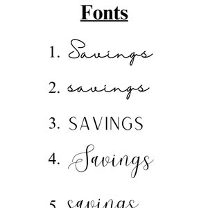 Op de afbeelding: Een visuele vergelijking van vijf verschillende lettertypen voor het woord "Besparingen". De lettertypen vari&euml;ren van een eenvoudige, sans-serif stijl tot een meer decoratieve, cursieve stijl.