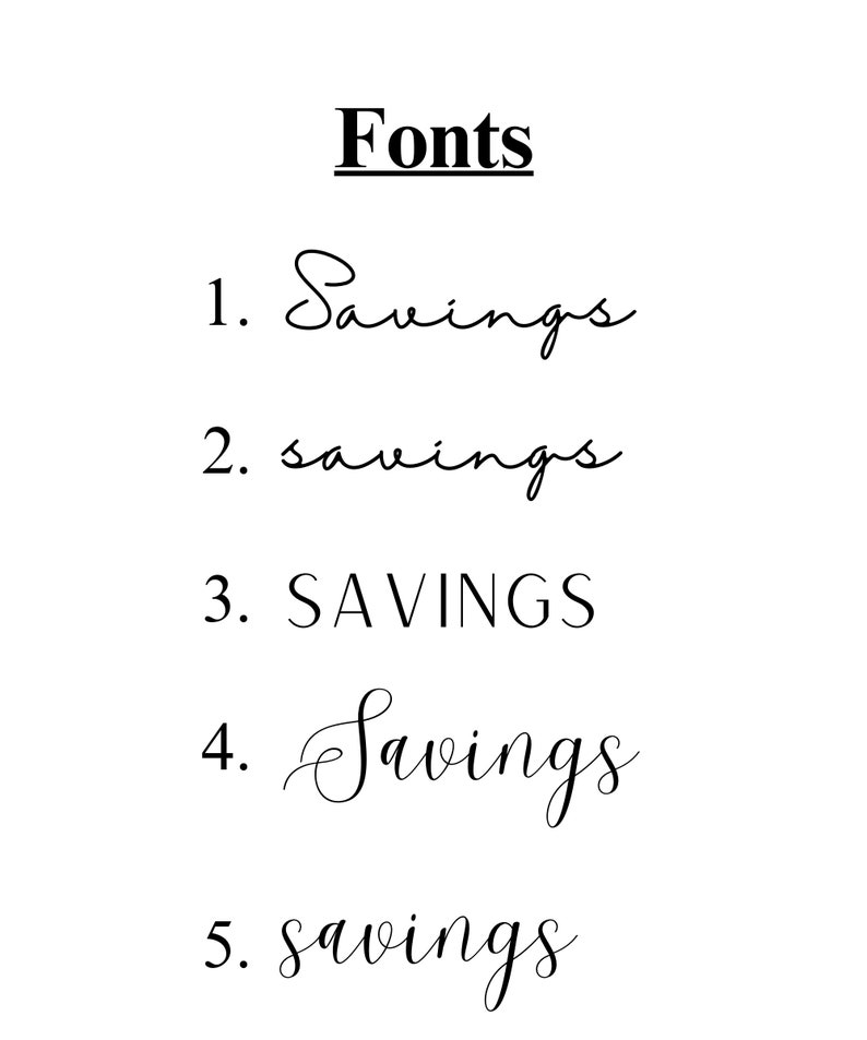 Op de afbeelding: Een visuele vergelijking van vijf verschillende lettertypen voor het woord "Besparingen". De lettertypen vari&euml;ren van een eenvoudige, sans-serif stijl tot een meer decoratieve, cursieve stijl.