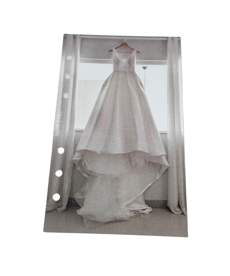 Puede incluir: Un vestido de novia blanco con escote en V y una larga cola cuelga de una percha frente a una ventana.
