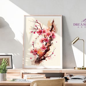 Cherry Blossom Wall Art, Japanese Watercolor Room Decor, Sakura Tree Painting, Botanical, Pastel, Living Room, Instant Digital Download