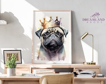 Crowned Pug Watercolor Portrait: Whimsical Dog Art (Digital Download)