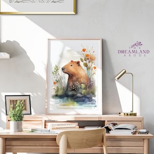 Capybara Wall Art, Capybara Watercolor Print, Capybara Poster, Neutral Nursery Decor, Bedroom/Bathroom Digital Download, Printable Wall Art