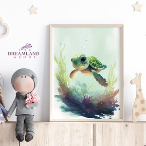 Impression bébé tortue de mer, décoration de chambre d'enfant sous-marine, chambre d'enfant océan, aquarelle verdure, art tortue, cadeau tortue de mer, chambre de bébé fille