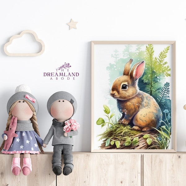 Woodland Bunny Watercolor Printable Wall Art DIGITAL DOWNLOAD Nursery Neutral Kids Children Room Decor Cute Animal Painting Instant Download