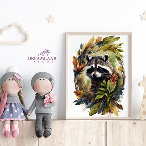 Woodland Raccoon Watercolor Printable Wall Art DIGITAL DOWNLOAD Nursery Neutral Kids Children Decor Cute Animal Painting Instant Download