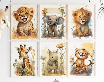 Set of 6 Baby Safari Animal Nursery Prints, Jungle Nursery Decor, Nursery Wall Art, Neutral Nursery, Digital Download,Baby Nursery Decor Boy