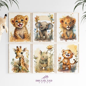 Set of 6 Baby Safari Animal Nursery Prints, Jungle Nursery Decor, Nursery Wall Art, Neutral Nursery, Digital Download,Baby Nursery Decor Boy