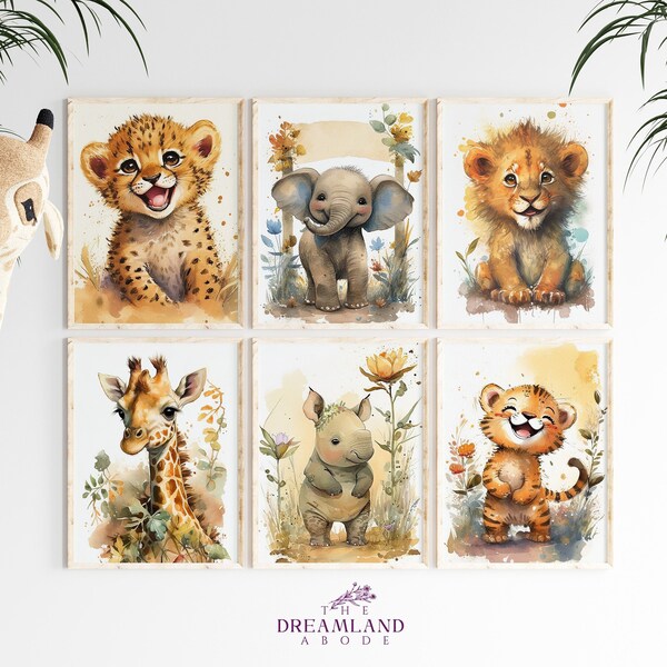 Set van 6 Baby Safari Dierenkwekerij Prints, Jungle Kwekerij Decor, Kinderkamer Kunst aan de muur, Neutrale Kwekerij, Digitale Download, Baby Kwekerij Decor Jongen