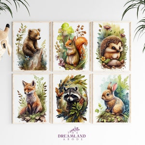 Set of 6 Woodland Animal Nursery Prints, Woodland Fox - Hedgehog - Bear, Forest Themed Decor, Baby Boy Nursery Decor, DIGITAL DOWNLOAD