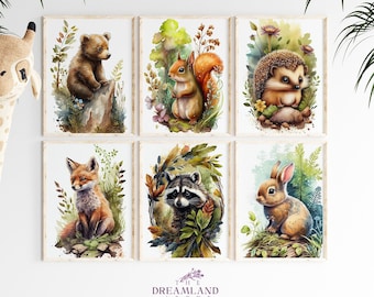 Set van 6 bosdierenprints: aquarel bosset (digitale download)