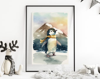 May include: Watercolor painting of a penguin wearing a yellow scarf standing on a snowy mountaintop. The background is a watercolor wash of blue, pink, and white.