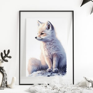 White Arctic Fox Watercolor Printable Wall Art DIGITAL DOWNLOAD Nursery Neutral Kids Children Room Decor Animal Painting Instant Download