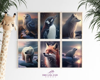 Arctic Animals Watercolor Set of 6 Print Set: Polar Bear, Fox, Penguin (Digital Download)